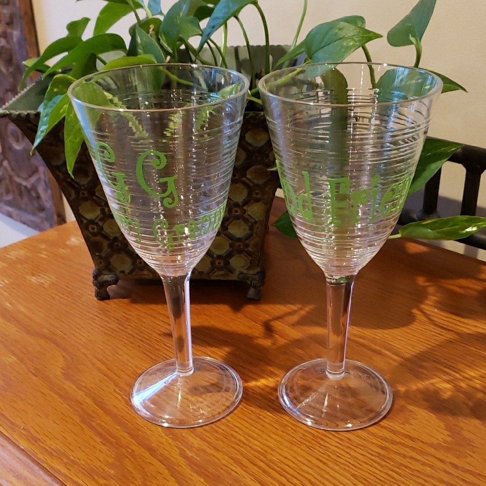 Fun Green Monogrammed Plastic Wine Glasses- Groovy Granny & And Friend
